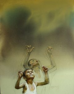 IT IS RAINING</br>Medium: Acrylic on Canvas</br>Size: 42''x48''