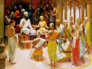 GURU TEG BAHADUR SINGH SIKHON KE NAWE GURU KASHMIRI PANDIT ON KE SATH MEETING </br>Oil on Canvas </br>36” x 48” </br>Collection in UK